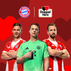 Trzech piłkarzy FC Bayern Monachium stoi na tle czerwonego tła z geometrycznymi kształtami serc. Od lewej do prawej: Harry Kane, Jamal Musiala i Manuel Neuer. Nad nimi znajdują się logo FC Bayern Monachium oraz logo Doppelherz, wskazujące na partnerstwo marki.